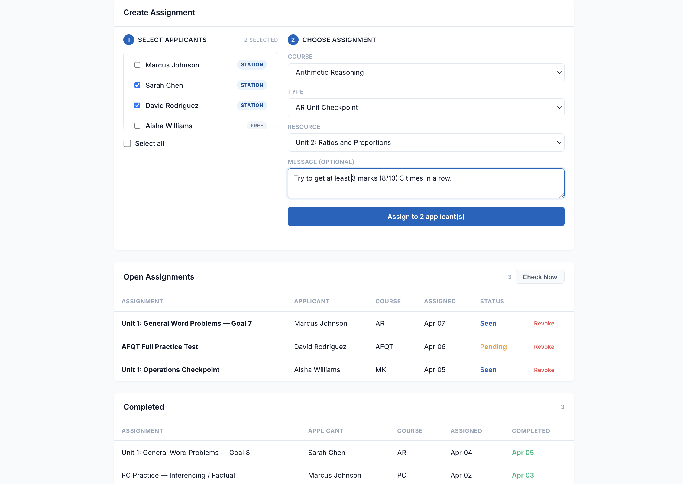 Assignments screen screenshot